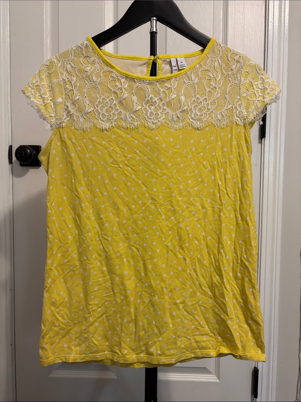 Elle Women's Yellow Lace-Trim Polka Dot Top M